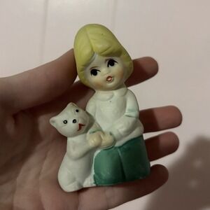 Vtg Blonde Girl W Cat Ceramic Figurine 3" Marked Made In Taiwan